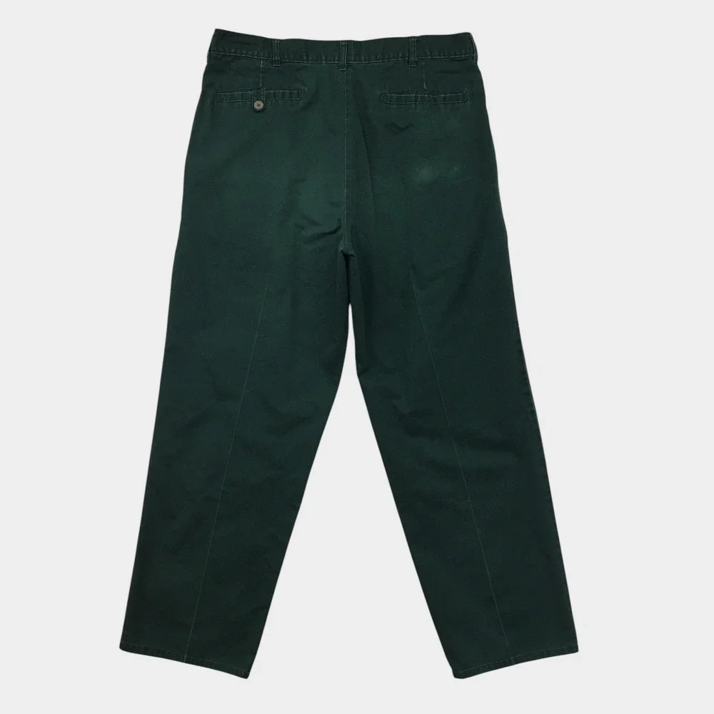 VINTAGE Mens Double Pleated Relaxed Chino Pants Green Cotton Made in USA 34x29